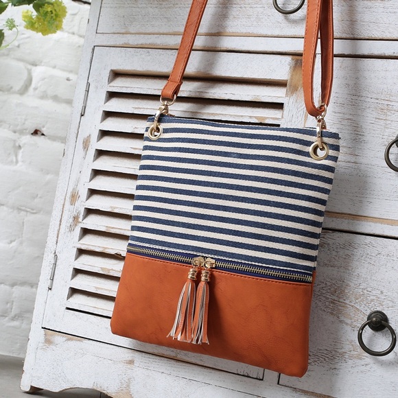 Navy Striped Cognac Faux Leather Crossbody Bag - Picture 2 of 12